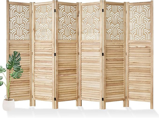 Svimi Folding Room Divider, 66.9 Inch 6 Panels Wood Carved Privacy Screens, Free Assembled Freestanding Portable Separation Wall for Home Office Bedroom (Natural)