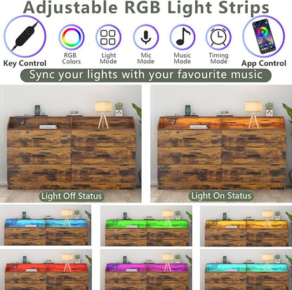 6 Drawer Dresser with Power Outlet, Chest of Drawers with LED Light, Modern Dresser with Open Storage Cubby, Double Wide Dressers Organizer for Bedroom, Living Room, Entryway, Hallway