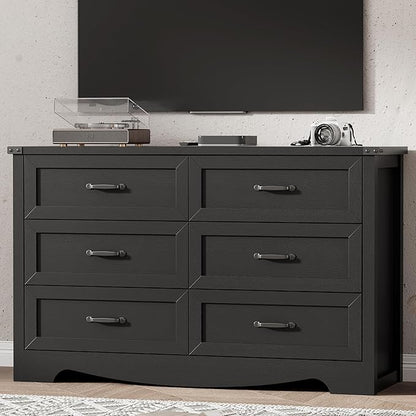 Dresser for Bedroom with 6 Drawers, 54" Wide Wood Chest of Drawers with Deep Drawers & Mental Handle, Modern Dresser TV Stand, Wooden Closet Storage Organizer for Living Room, Hallway, Entryway, Black