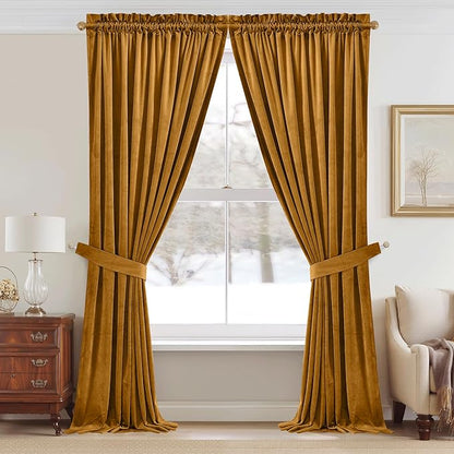StangH Mustard Gold Velvet Curtains 92 inches Stylish Room Darkening Drapes for Living Room, Soft Thermal Insulated Curtains for Bedroom, Vibrant Home Decor, W52 x L92, 2 Panels