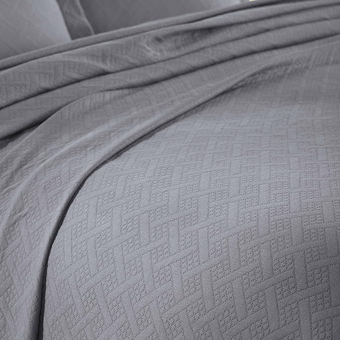 Superior 100% Cotton Basket Weave Bedspread with Shams, All-Season Premium Cotton Matelasse Jacquard Bedding, Quilted-Look Geometric Basket, Queen, Grey