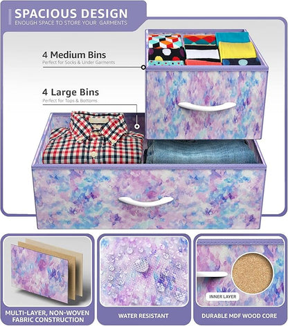 Sorbus Dresser with 8 Drawers - Furniture Storage Chest for Kid’s, Teens, Bedroom, Nursery, Playroom, Clothes, Toys - Steel Frame, Wood Top, Fabric Bins (Tie-dye Purple)