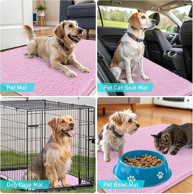OLANLY Dog Door Mat for Muddy Paws 47x17, Absorbs Moisture and Dirt, Absorbent Non-Slip Washable Doormat, Quick Dry Chenille Mud Mat for Dogs, Entry Indoor Entryway Carpet for Inside Floor, Pink