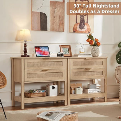 LEYAOYAO 31.5" Wide Rattan Night Stand with Charger Station, Oversized Large Boho Nightstand with 2 Drawer, Natural Wood Bed Side End Tables, Tall Bedside Table for Bedroom Living Room, Hallway