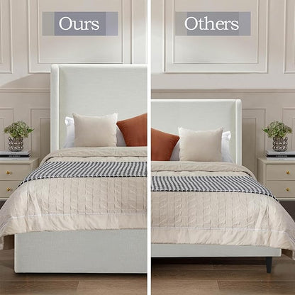 KEIKI Queen Bed Frame with Upholstered Wingback Headboard, Tufted Chenille Platform Bed, No Box Spring Needed, Ivory