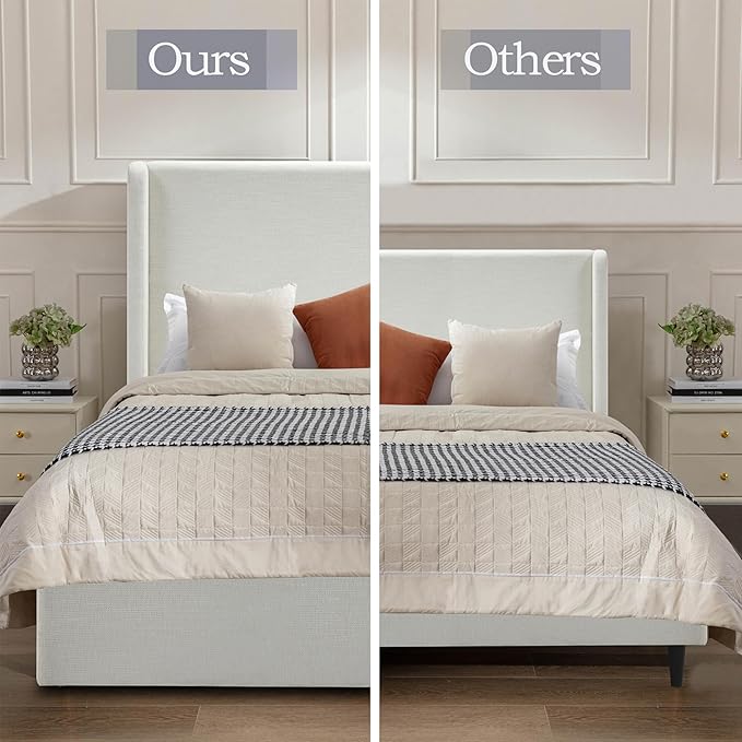 KEIKI King Bed Frame with Upholstered Wingback Headboard, Minimalist Design, No Box Spring Needed – Textured Chenille Upholstery, Ivory