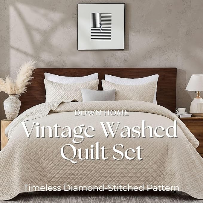 King Quilt Set with Shams Lightweight Quilted Bedspread Coverlet Thin Comforter Bed Cover Vintage Washed Quilted Blanket for All Season, Brushed Microfiber Diamond Stitching, Beige, 104"x92"
