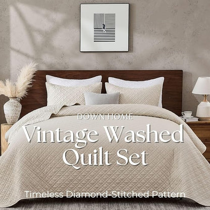 King Quilt Set with Shams Lightweight Quilted Bedspread Coverlet Thin Comforter Bed Cover Vintage Washed Quilted Blanket for All Season, Brushed Microfiber Diamond Stitching, Beige, 104"x92"