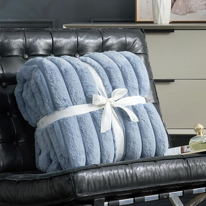 Cozy Bliss Faux Fur Throw Blanket for Couch, Cozy Warm Plush Striped Blanket for Sofa Bedroom Living Room, 60 * 80 Inches Light Blue