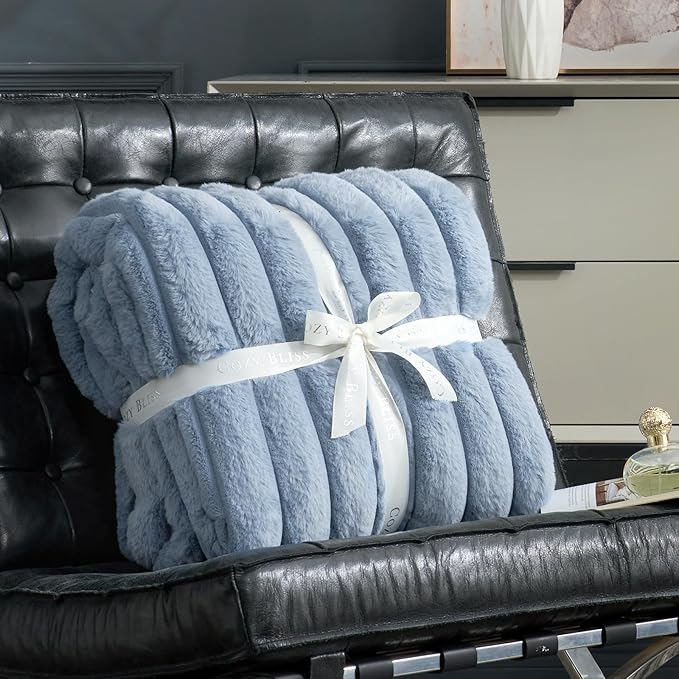 Cozy Bliss Faux Fur Throw Blanket for Couch, Cozy Warm Plush Striped Blanket for Sofa Bedroom Living Room, 50 * 60 Inches Light Blue