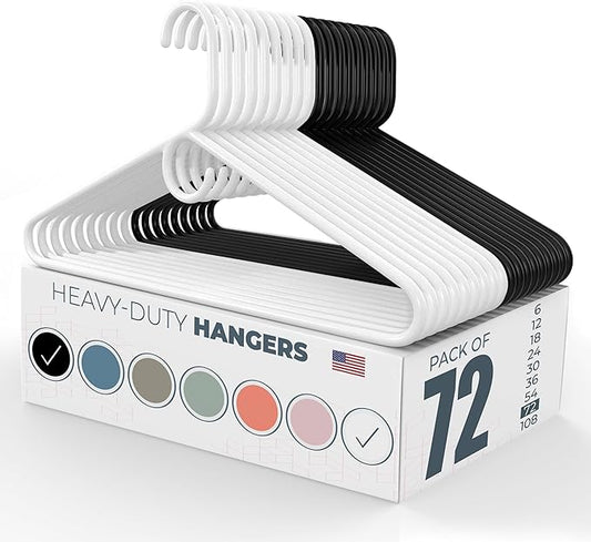 Neaties Heavy Duty Clothes Hangers 50+ Pack (72 Count) – Made in The USA – 8lb Capacity Plastic Hangers for Adult Clothing – Durable for Pants, Coats, Jackets, or Jeans – White & Black