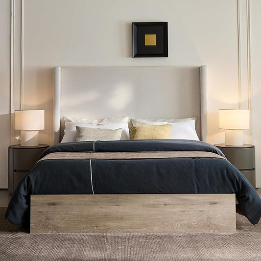 Queen Size Upholstered Bed Frame, 54" Tall Headboard Shelton Wingback Bed Frames, Wood Base Platform Beds, No Box Spring Needed No Noise, Rustic Modern Farmhouse,Textured Ivory Canvas Chenille