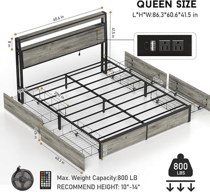 Queen Size Bed Frame with 4 Storage Drawers and Headboard with Charging Station and LED Lights,2 Tier Solid Wood Headboard Storage/Noise Free/No Box Spring Needed/Remote Control/Rustic Grey