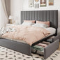 Allewie King Size Storage Bed Frame, Vertical Channel Tufted Adjustable Headboard, Velvet Upholstered Platform Bed with 4 Oversized Underbed Drawers, Wooden Slats Support, No Box Spring Needed, Grey