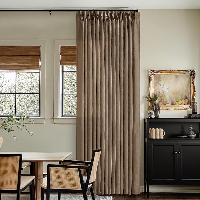 Brown Linen Pinch Pleated Curtains 108 Inches Long 2 Panels for Living Room Bedroom Light Filtering Drapes 108 Inch Length Dutch Cocoa Semi Sheer Memory Shape Trained Ceiling Floor Curtain