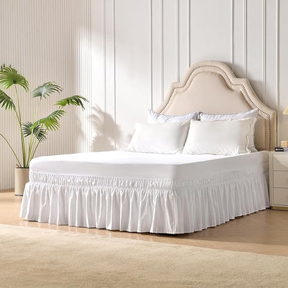 MIYE Striped Tufted Bed Skirt - Wrap Around Dust Ruffle with Elastic Belts - 12.5 Inch Drop Easy to Put On - Bedskirt Machine Washable ＆ Wrinkle Resistant(Striped/White, King/Queen-12.5" Drop)