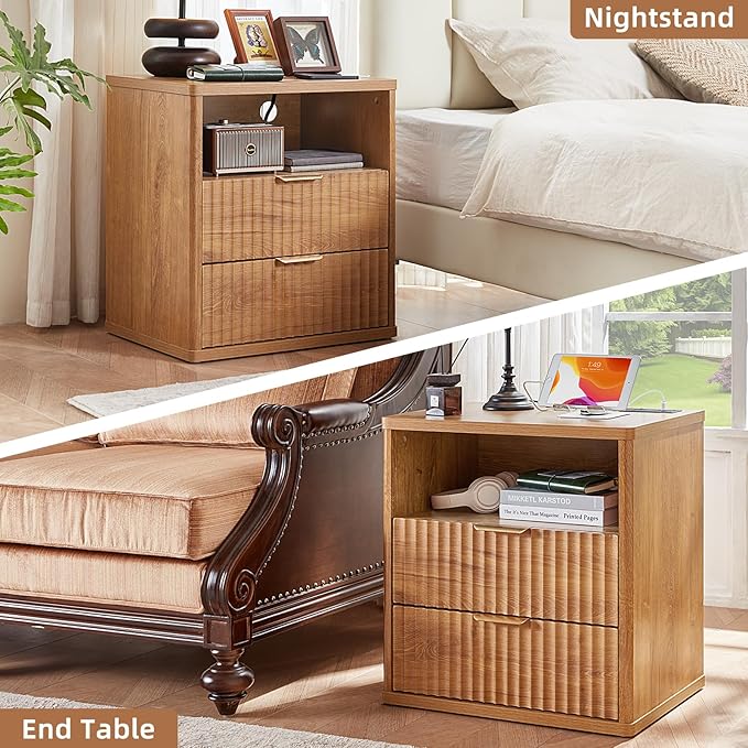 LEYAOYAO Fluted Nightstand Set of 2 with Charging Station,23" Modern Nightstand with Woodgrain Top, 2 Drawer End Table w/Storage, BedsideTables for Bedroom, Living Room, Curved Profile,Brown