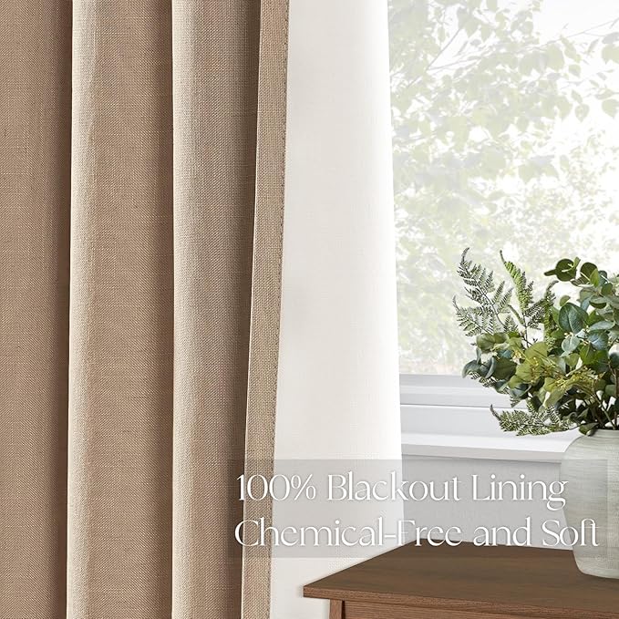 Topfinel 100% Blackout Linen Curtains 72 Inch Length,Pinch Pleated Neutral Back Tab Drapes with Hooks Room Darkening Heat Reducing Farmhouse Rustic Lined Draperies for Bedroom Baby Room 2 Panels Set
