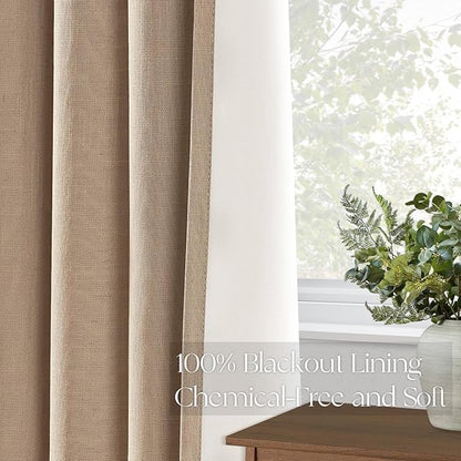Topfinel 120 Inches Long Extra Long Pinch Pleat Faux Linen Curtains for Living Room,Neutral Beige 100 Percent Blackout Floor to Ceiling Farmhouse Sound Absorbing Drapes 2 Panels for Track System 10 FT