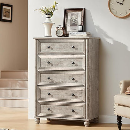 Farmhouse 5 Drawers Dresser for Bedroom, Wood 45" Tall Chest of Drawers, Dresser Rustic Storage Dressers Organizer with Metal Handle Closet for Living Room, Hallway Entryway