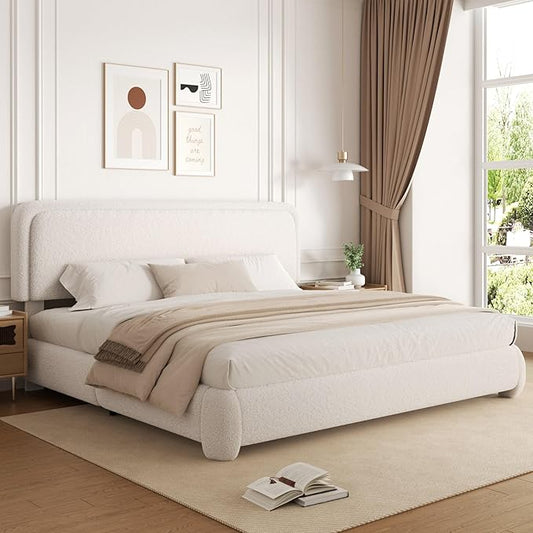 Full Size Boucle Bed Frame, Upholstered Cloud Platform Bed Frame with Headboard, Anti-Collision Soft Rounded Corners, No Box Spring Required, Easy Assembly, Noise Free, Adjustable Headboard