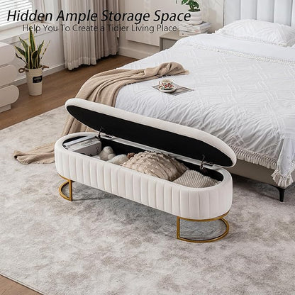 Velvet Storage Bench for Bedroom, Modern Tufted End of Bed Bench for King Size Bed, Upholstered Long Ottoman Bench with Gold Legs for Living Room/Entryway (Ivory White, 55" Wide)
