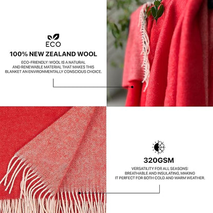 New Zealand Virgin Wool Throw Blanket, Indoor & Outdoor, Soft Blanket with Fringes, 55 x 79 in (140 x 200 cm)