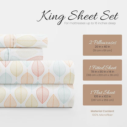 Linen Market Patterned Microfiber King Sheet Set 4 Piece – Oeko-TEX Certified Ultra Soft & Wrinkle-Free - 16" Deep Pocket Sheets - Easy Care King Size - Fall Foliage Yellow