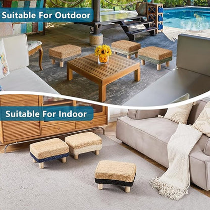 Wimarsbon Natural Seagrass Footstool Ottoman Rectangular Footrest Pouf Ottomans with Wooden Legs Hand Weave Step Stool for Living Room Bedroom Entryway Black