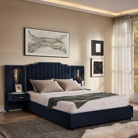 Luxury Queen Bed Frame with Headboard and Storage, Velvet Fabric Upholstered Platform Bed Frame Queen Size with LED Lights, Solid Frame & Bedside Table, No Box Spring Needed, Dark Blue