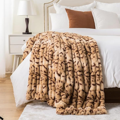 BATTILO HOME Luxury Ruched Faux Fur Throw Blanket Leopard Print, Double Side Soft Warm Rabbit Fur Blanket for Bed, Couch, Fall Throw Blanket for Home Decor, Large Cozy Mink Blanket 60"x80"