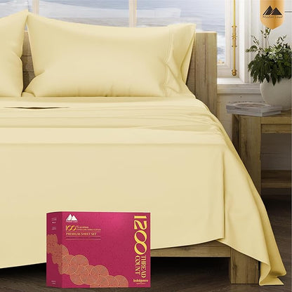 Mayfair Linen 100% Egyptian Cotton Queen Sheet Set - Luxury 1200 High Thread Count Egyptian Cotton Sheets Queen Size (4 PC, Beige), Silky Soft, Cooling, 17" Deep Pocket Sateen Weave Hotel Bedding