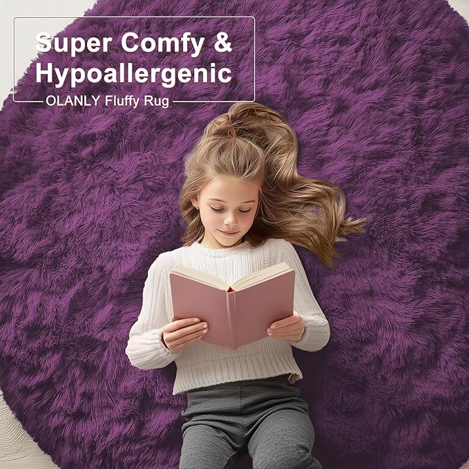 OLANLY Dark Purple Round Rugs for Bedroom - Machine Washable, 3 ft Circle Area Rugs for Living Room, Soft and Fluffy Shaggy Carpet for Teen Girl and Boys, Nursery Rooms, Dorms, Home Decor Aesthetic