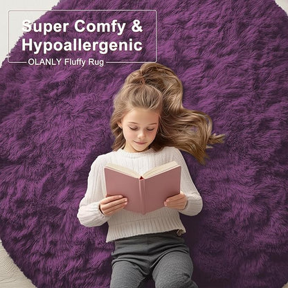 OLANLY Dark Purple Round Rugs for Bedroom - Machine Washable, 3 ft Circle Area Rugs for Living Room, Soft and Fluffy Shaggy Carpet for Teen Girl and Boys, Nursery Rooms, Dorms, Home Decor Aesthetic