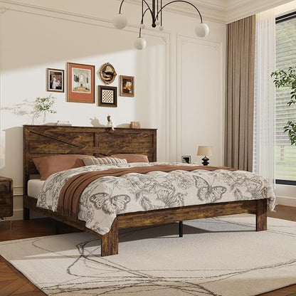 King Size Bed Frame with Farmhouse Headboard, Rustic Boho Wooden Bedframe with LED Lights and Charging Station, Easy Assembly, No Box Spring Needed (Brown, King)