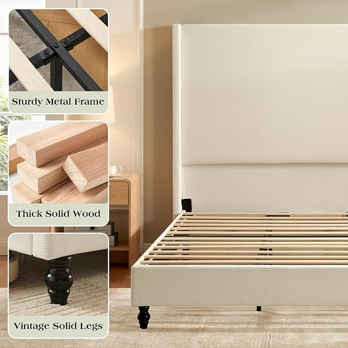 King Bed Frame with 65" Tall Headboard, Horizontal Fine Corduroy Bed Frame with Wingback, Upholstered Platform Bed, Vintage Solid Wood Gourd Legs, No Box Spring Needed, Cream