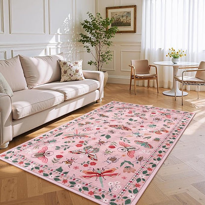 Lahome Insect Washable Small Area Rug, 3x5 Area Rug for Bedroom Living Room, Non-Slip Soft Accent Throw Carpet for Kitchen Office Entryway Bathroom Office, Pink