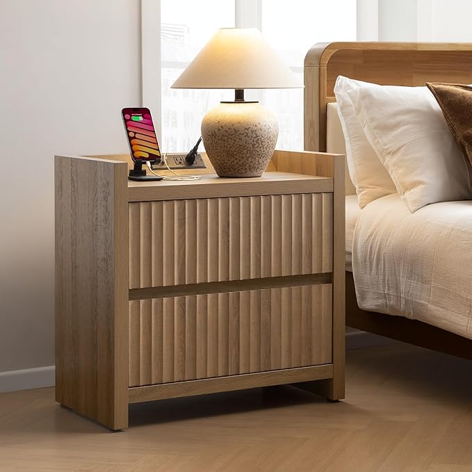 SICOTAS Night Stands Set of 2-Fluted Nightstands with Charging Station- Modern 2 Drawers Nightstand 25" Tall Bedside Table End Table, Large Night Stand for Bedroom, Sofa Side
