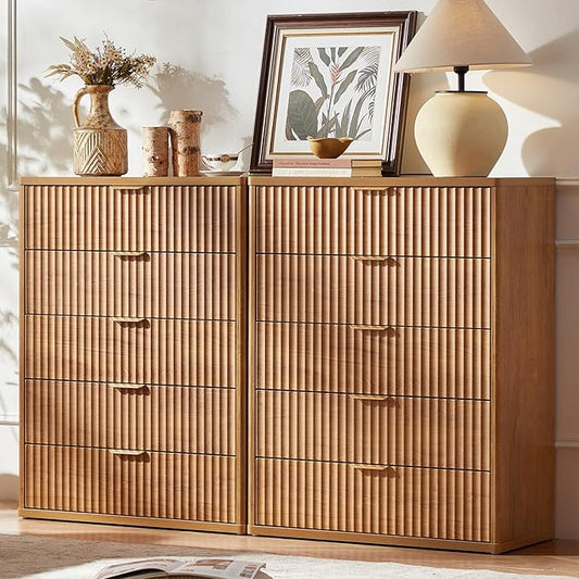 LEYAOYAO Fluted 5 Drawers Dresser Set of 2, 41" Tall Modern Chest of Drawers with Metal Handle, Curved Profile Dresser TV Stand, Wooden Drawer Organizer for Bedroom, Living Room, Hallway, Lightgrey