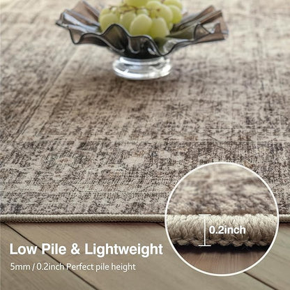 FMFUNCTEX 5x7 Washable Area Rug Neutral Vintage Taupe Non Slip Low Pile Traditional Indoor Carpet for Living Room Bedroom Soft Retro Floral Mat Throw Rug for Dining Office Kitchen Dorm Entryway