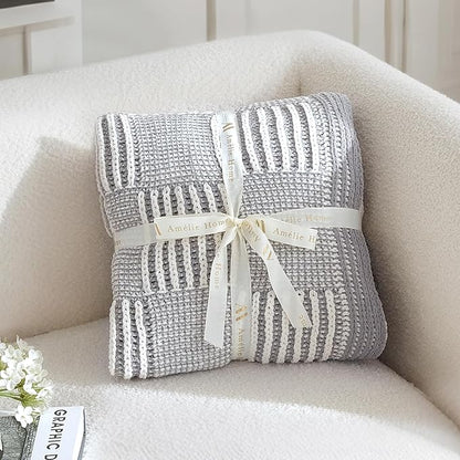 Amélie Home Checkered Knit Throw Blanket for Couch, Chenille Texture Decorative Soft Blanket for Sofa & Chair, 50"x60", Grey & White