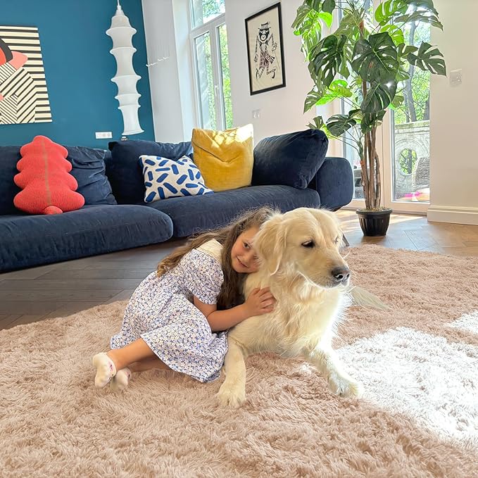 OLANLY 3x5 Machine Washable Small Bedside Rug, Soft Fluffy Shaggy Rugs for Living Room, Bedroom, Indoor Floor Carpet for Kids Girls and Boys, Preppy Dorms, Nursery, Home Decor Aesthetic, Beige