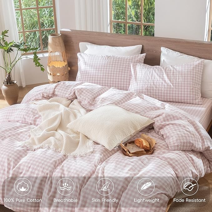 MooMee Gingham Duvet Cover Set 100% Washed Cotton Linen Like Textured Breathable Durable Soft Comfy Modern Checkered Design (Classic Gingham Greyish Pink, King 104"x90")