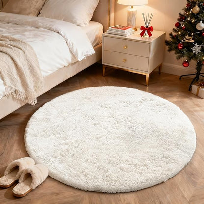 OLANLY Ivory Round Rugs for Bedroom - Machine Washable, 4 ft Circle Area Rugs for Living Room, Soft and Fluffy Shaggy Carpet for Teen Girls and Boys, Nursery Rooms, Dorms, Home Decor Aesthetic