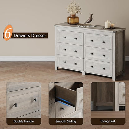 Dresser for Bedroom with 6 Drawers, Farmhouse Wood Chest of Drawers, Wide TV Stand Closet Storage Furniture with Metal Handle, Modern Clothes Organizer for Hallway, Living Room, Entryway, Light Grey