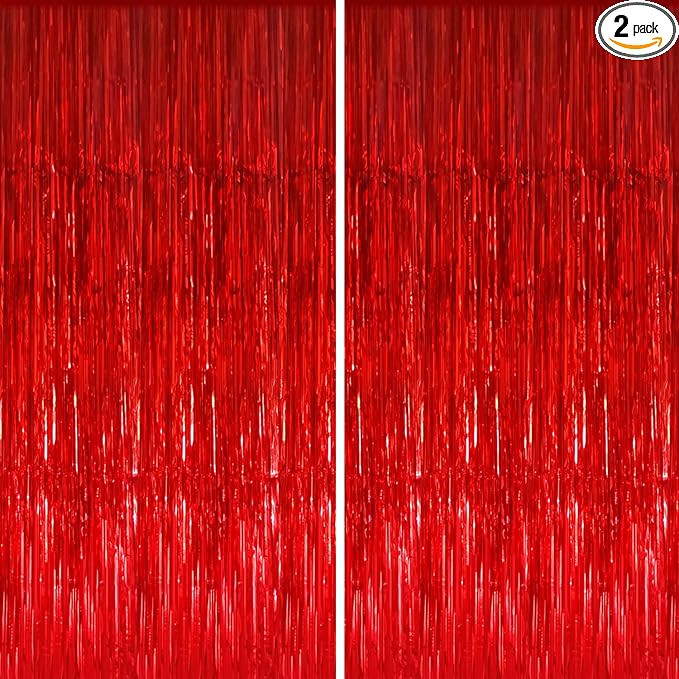 GOER 3.2 ft x 8.2 ft Metallic Tinsel Foil Fringe Curtains,Party Streamer Backdrop for Birthday,Graduation Decorations and New Year Eve (2 Packs,Red)