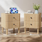 Night Stand Set of 2 with Charging Station, 18" Fluted Nightstand with Rounded Corners & Solid Wood Legs, 2 Drawers End Table, Mid Century Modern Bedside Table for Bedroom, Natural Oak