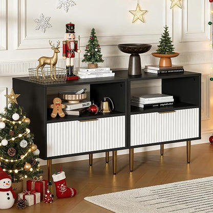 Nightstand with Drawer, End Table with Storage, Bed Side Table with Open Space for Bedroom, Modern Nightstand with Golden Handle, Side Night Stand for Bedroom, Living Room, Black & White