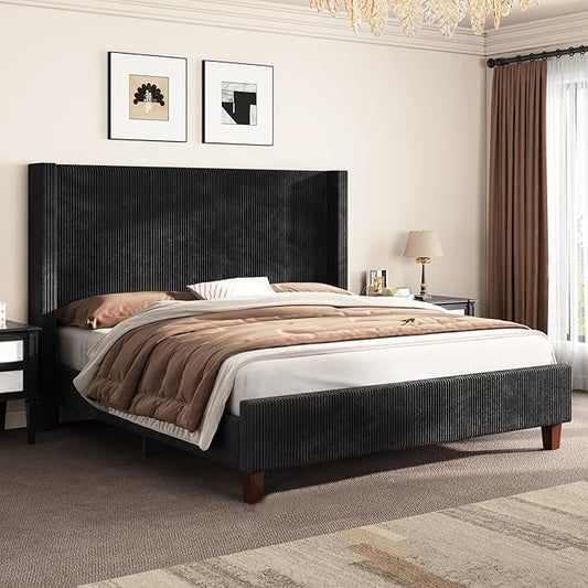 AMERLIFE King Size Upholstered Bed Frame with 50.8" Tall Headboard, Wingback Platform Bed with Solid Wood Legs, Wooden Slats, Corduroy/No Box Spring Needed/Noise Free/Black