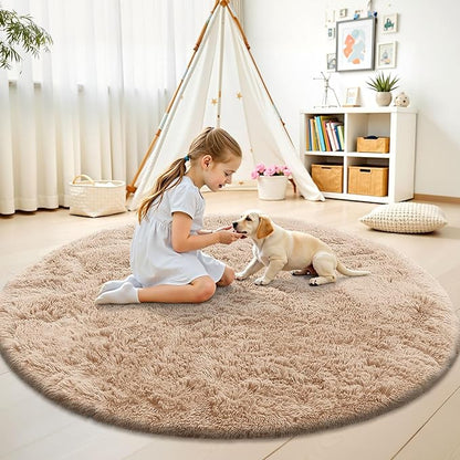OLANLY Beige Round Rugs for Bedroom - Machine Washable, 5 ft Circle Area Rugs for Living Room, Soft and Fluffy Shaggy Carpet for Teen Girls and Boys, Nursery Rooms, Dorms, Home Decor Aesthetic